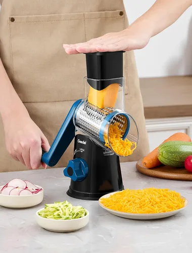 Miniatura 9 de Geedel Rallador rotativo de queso, cortador de verduras de mandolina de cocina con 3 cuchillas intercambiables, fácil de limpiar, rallador giratorio