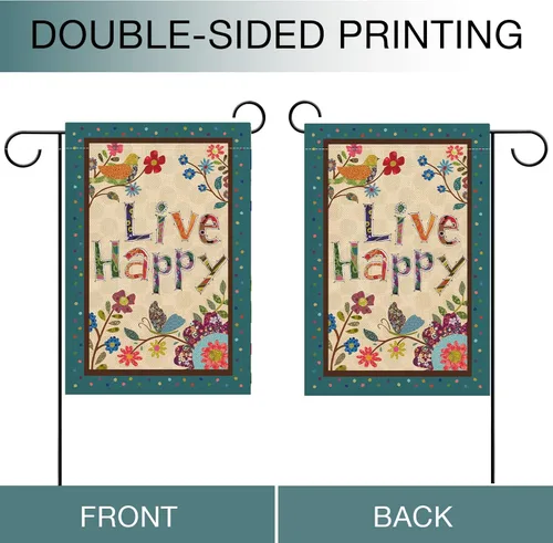 Miniatura 3 de Hzppyz Live Happy - Bandera decorativa pequeña para jardín con flores, pájaro, primavera y verano, cita inspiradora para casa, patio, decoración