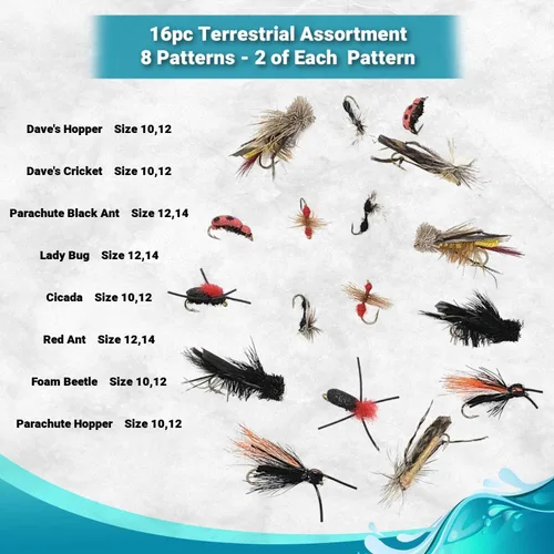 Miniatura 2 de Feeder Creek Surtido de moscas terrestres de 16 piezas, 8 patrones en 2 tamaños, incluye tolva, hormigas, escarabajos, grillo, cigarra y mariquita