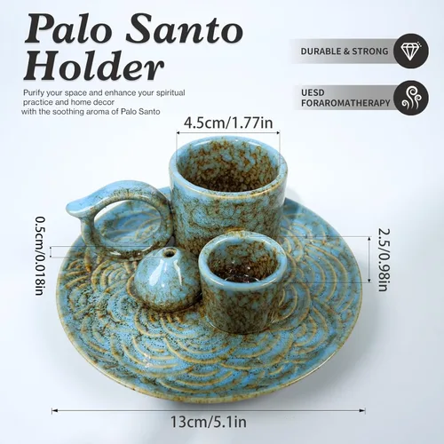 Miniatura 2 de MOUGIGI Quemador/Soporte de Palo Santo de Cerámica 5 en 1 Azul - Pequeño Portavelas y Bandeja/Cuenco para Quemar Sahumerios, Compatible con Plato