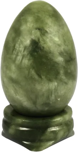 mookaitedecor Huevo de cristal de jade verde pulido figuras de piedras preciosas con soporte de piedra Verde Oscuro