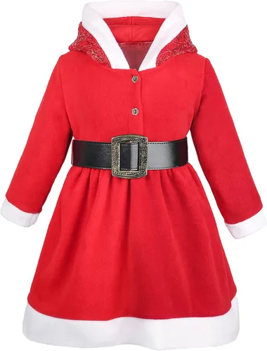 Miniatura 3 de Lilax Vestido rojo con capucha y cinturón navideño para niñas pequeñas, Rojo
