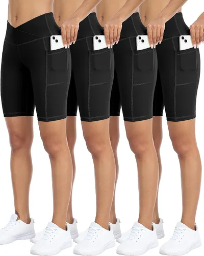 Miniatura 8 de WHOUARE Paquete de 4 pantalones cortos de yoga con bolsillos para mujer, cintura alta, atléticos, correr, entrenamiento, gimnasio, control de abdomen