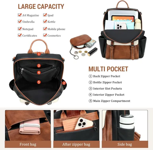 Miniatura 3 de AGLOD Mochila de cuero sintético para mujer, bolsos de viaje de moda para mujer, bolsos de viaje de trabajo de imitación, Beige- negro-marrón