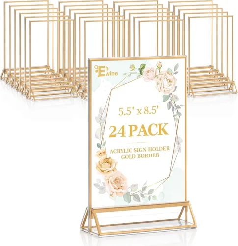 Miniatura 19 de EHWINE Paquete de 12 soportes acrílicos para letreros de 5 x 7 pulgadas, soporte de marco de oro de doble cara, soportes de letreros de mesa