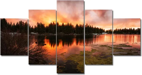 Miniatura 44 de TUMOVO Lienzo decorativo para pared de sala de estar, 5 paneles de naturaleza, Alaska, Estados Unidos, autopista alrededor de montañas, paisaje