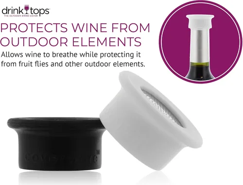 Miniatura 2 de Drink Tops - Fundas para botellas ventiladas, paquete de 2, color negro y blanco, fundas de silicona sin BPA para proteger el vino de elementos al