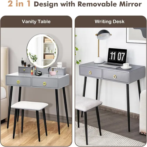 Miniatura 6 de COSTWAY Juego de tocador con espejo y luces, tocador de maquillaje con 3 modos de iluminación de color y brillo ajustable, espejo de tocador