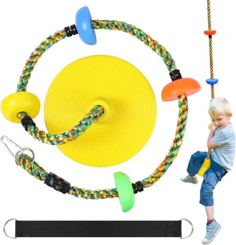 Columpio de árbol para niños, juego de cuerda de escalada de asiento de un solo disco resistente con correa para colgar y mosquetones de plataforma