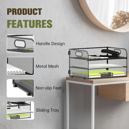 Miniatura 4 de Daltack Organizador de papel de 3 niveles con asa, organizador de escritorio de malla, bandeja de cartas, organizador de archivos para carpetas A4