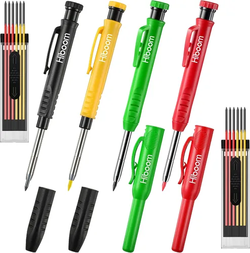 Miniatura 8 de Hiboom Juego de 3 lápices de carpintero con 24 recambios (Rojo, Negro, Amarillo), lápiz de construcción de 2,8 mm de alta resistencia con sacapuntas