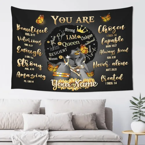 Tapiz personalizado de niña negra con nombre personalizado afroamericano, tapiz motivacional para mujeres negras, yoga, meditación, girasol, con
