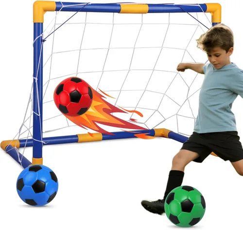 Soccer Goal Set 23" W×18" H×12" D, Portable Soccer Goal Training Equipment, Mini Soccer Net with 3 Soccer Ball for Sports Game, Soccer Set for Kids