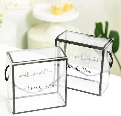 Efavormart - Paquete de 25 cajas de regalo de PVC transparente con asas de cuerda negras e impresión de agradecimiento, cajas de regalo de dulces