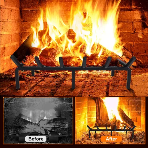 Miniatura 6 de Rejilla de chimenea de 20 pulgadas con retenedor de brasas, rejilla de troncos de chimenea de hierro fundido, soporte para troncos de chimenea