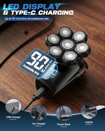 Miniatura 5 de Afeitadoras de cabeza para hombres Blad, cuchillas flotantes 7D, afeitadora eléctrica de cabeza IPX7, resistente al agua en seco y húmedo