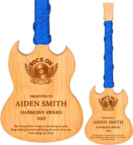 Premio personalizado de guitarra Cherrywood, placa grabada personalizada con mango de paracaídas azul, 23 x 8 pulgadas | Regalo para músicos,