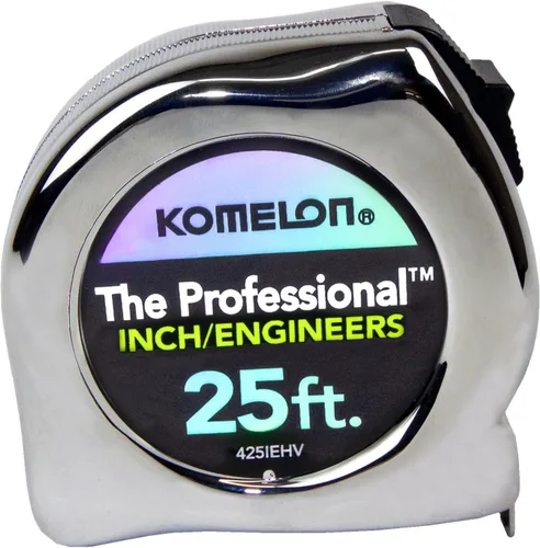 Miniatura 2 de Komelon 425IEHV Cinta métrica profesional de alta visibilidad con escala de pulgada e ingeniero, impresa 25 pies por 1 pulgada, cromada