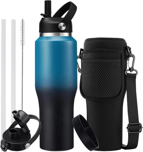 Miniatura 37 de Botella de agua de acero inoxidable de 32 onzas, frío-48 horas y caliente-24 horas, termo con popote y tapas de boquilla, bolsa, botella aislada al