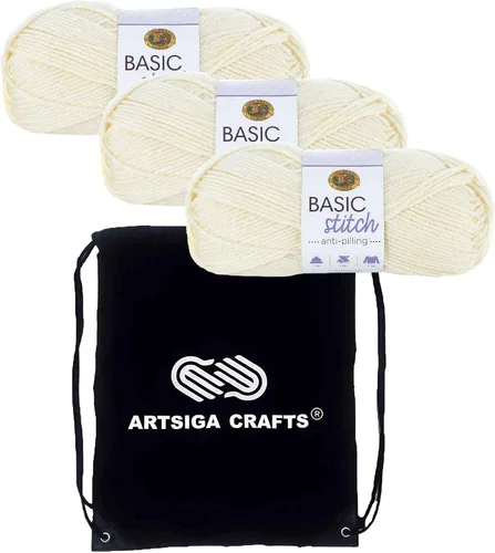 Lion Brand Basic Stitch Hilo Acrílico Anti-Bolitas Ecru 202-098 (3 Madejas - Mismo Lote de Tinte) Worsted Mediano #4 Hilo Acrílico para Crochet y