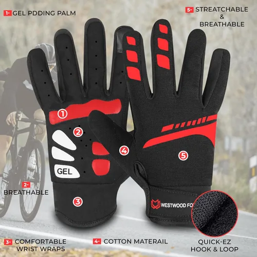 Miniatura 6 de WESTWOOD FOX Guantes de ciclismo para hombres y mujeres, dedo completo, antideslizantes, para pantalla táctil, transpirables, para ciclismo