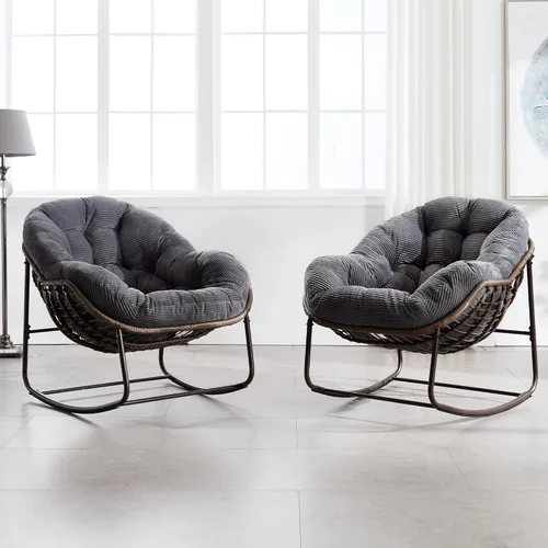 Miniatura 11 de HOMEFUN Juego de 2 mecedoras para patio al aire libre, sillas Papasan Rock de gran tamaño para interiores con cojín acolchado, asiento de huevo