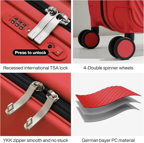 Miniatura 5 de mixi Maletas de equipaje ligeras de mango ancho PC Hardshell equipaje con ruedas giratorias y cerradura TSA, con cubierta, Rojo -, Viajes