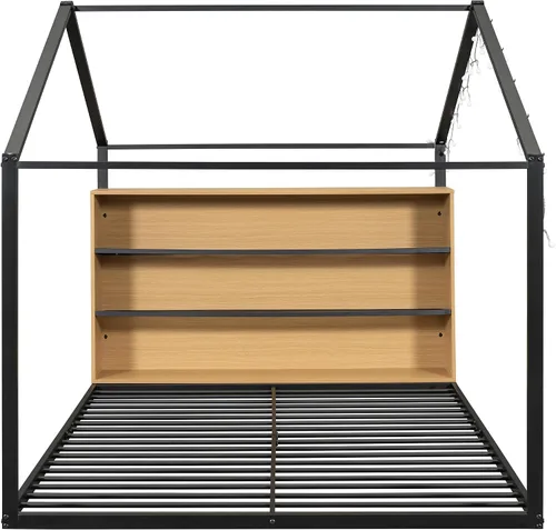 Miniatura 6 de Cama juguetona en forma de casa de tamaño matrimonial con estantes y luces, marco de cama de metal con techo para niños, adolescentes y adultos, un