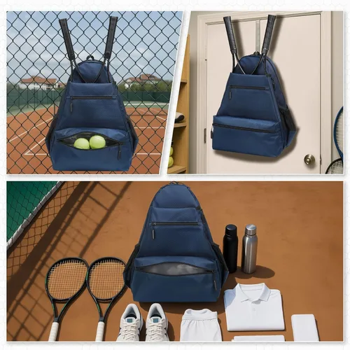 Miniatura 2 de Mochila de tenis para raquetas, bolsa de tenis impermeable con compartimento para zapatos, bolsillo húmedo/seco, gancho para cerca, para tenis, Azul