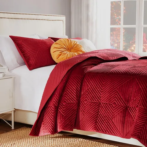 Miniatura 7 de Greenland Home Fashions Juego de edredón de terciopelo finamente cosido, 2 piezas, individual, rojo Riviera