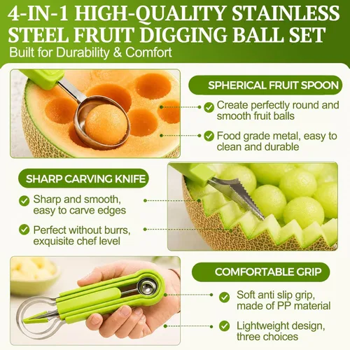 Miniatura 4 de Juego de palas de melón Suuker, 4 en 1 cortadores de frutas con formas, cuchara de sandía, cuchara de frutas y pelador de bolas, herramientas