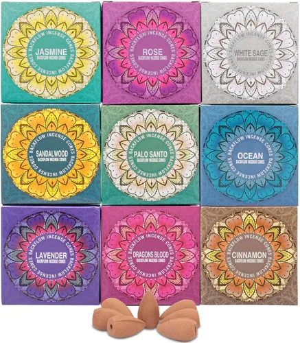Juego de 9 conos de incienso de reflujo paquete variado de regalo - salvia blanca, sangre de dragón, palo santo, jazmín, lavanda, océano, sándalo,