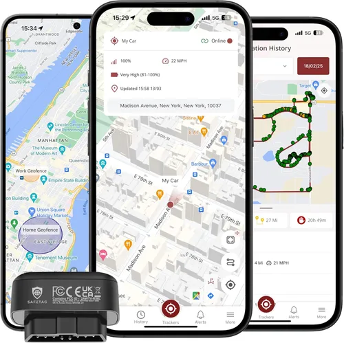 SafeTag Enchufe - Rastreador GPS para automóvil 4G LTE, ubicación del vehículo cada 10-30 segundos, múltiples geocercas, reproducción de ruta,