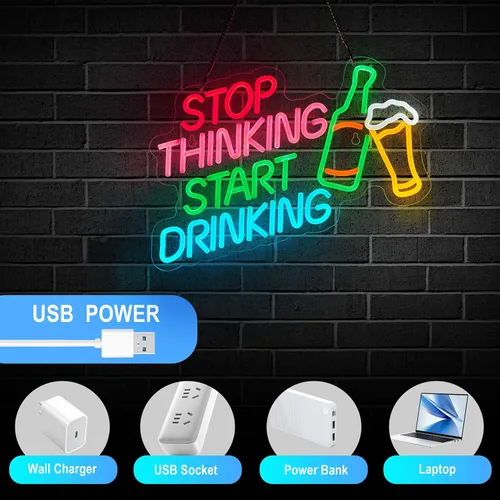 Miniatura 4 de Letrero de neón "Dejar de pensar, empezar a beber" para barra, señal de pared con interruptor regulable para pub de cerveza, letreros de neón LED