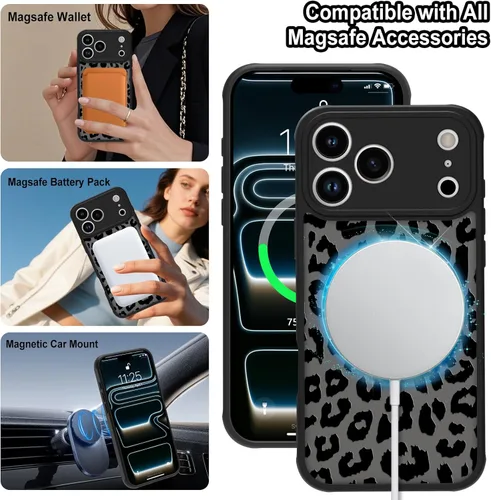 Miniatura 5 de Funda magnética para iPhone 17 Pro [compatible con MagSafe], bonita funda de moda con estampado de leopardo negro, translúcida, mate, parte trasera