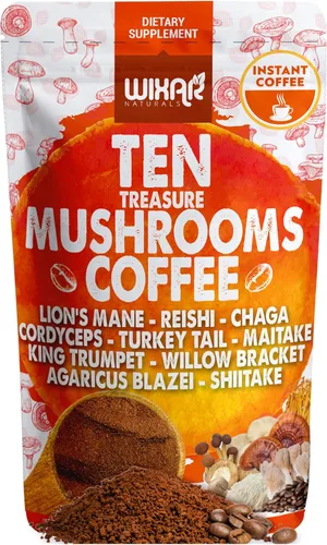 Wixar - Mezcla de café de hongos, extracto de diez hongos del tesoro, café instantáneo en polvo con melena de león, cola de pavo, reishi, chaga,