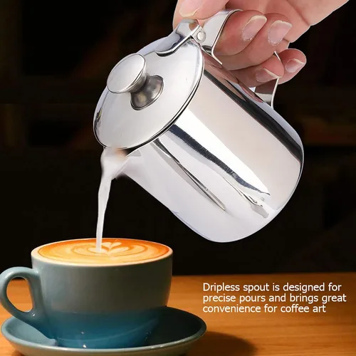 Miniatura 5 de Jarra de espuma de leche de acero inoxidable con tapa, 11.8 fl oz, boquilla para arte de café con leche
