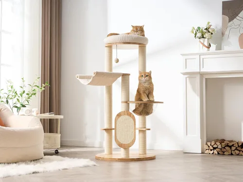 Miniatura 2 de Moderno árbol de madera maciza para gatos de interior de hasta 15 libras, torre para gatos de 49 pulgadas de alto con postes rascadores y rascador