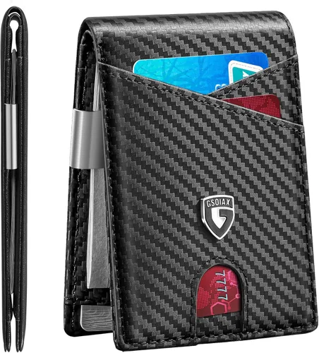 GSOIAX Cartera delgada de cuero plegable RFID para hombre, billetera minimalista con bolsillo frontal con clip para dinero, 12 ranuras para Negro
