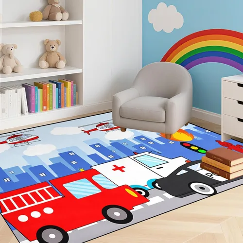 Miniatura 12 de Alfombras de construcción para habitación de niños de 2 x 3 pies, alfombra de juego para autos y camiones, alfombra de coche para niños, alfombra