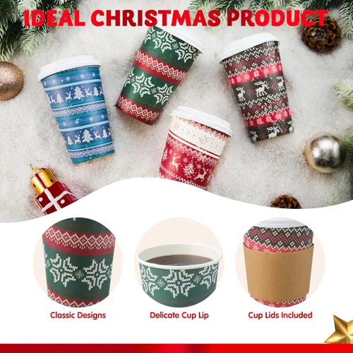 Miniatura 4 de JOYIN 24 piezas de vasos de papel desechables de Navidad, vasos de fiesta de Feliz Navidad de 16 oz con mangas y tapas, 4 diseños de vajilla