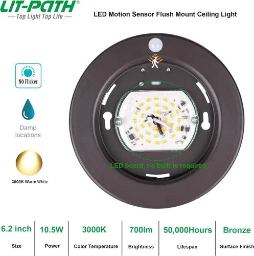 Miniatura 3 de LIT-PaTH Lámpara LED de techo empotrada, accesorio de iluminación de armario con sensor de movimiento, 10.5 W, 700 lúmenes, 6.2 pulgadas, carcasa