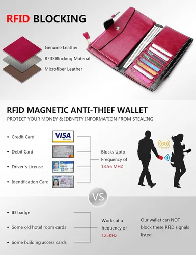 Miniatura 3 de Demon&Hunter Cartera de piel auténtica con bloqueo RFID de gran capacidad para mujer DZA2083, DZA2083R x Rosa, Cartera RFID