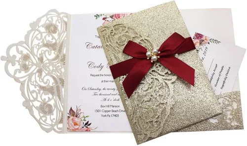 AdasBridal 25 invitaciones de boda con purpurina de 250 GSM con tres pliegues con tarjetas de confirmación y sobres para boda, compromiso, despedida