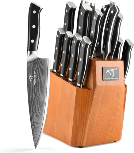 Juego de cuchillos de cocina, juego de cuchillos de cocina de Damasco de 18 piezas con bloque, mango ergonómico de ABS para juego de cuchillos de