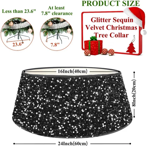 Miniatura 3 de FUHSY Collar Negro de Árbol de Navidad de 24 Pulgadas, Falda de Árbol de Navidad con Lentejuelas, Terciopelo Metálico, Falda de Árbol de Halloween
