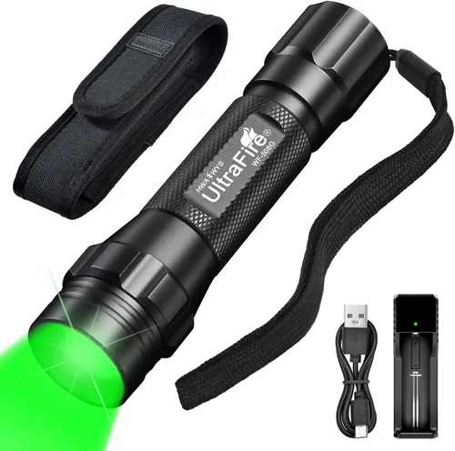 ULTRAFIRE Linterna de luz verde, luz verde de caza LED zoomable, 520-530nm luz verde para caza, linterna verde táctica para coyote y caza nocturna