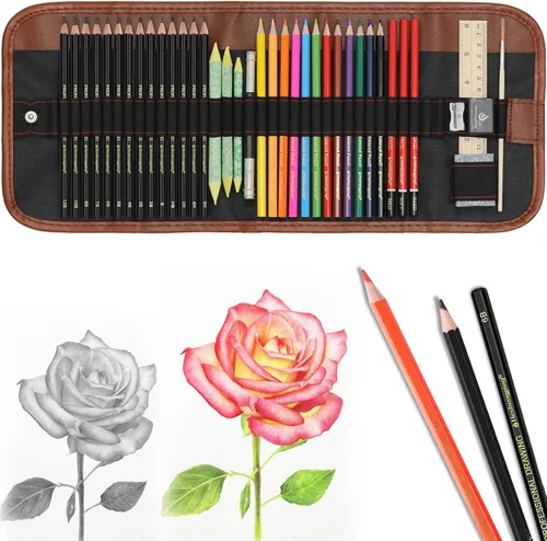 Heshengping, Juego de lápices de dibujo, bolígrafo de dibujo, kit de bocetos de carbón, lápices de acuarela de carbón de grafito, lápices de