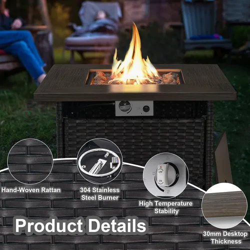 Miniatura 3 de HUMMUH Mesa cuadrada de propano de 30 pulgadas, fogata de gas al aire libre de 50,000 BTU con tapa y roca de lava, mesa de acero 2 en 1 para porche