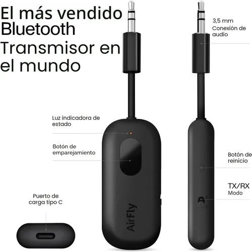 Miniatura 3 de Twelve South AirFly Pro - Transmisor/receptor de audio inalámbrico Bluetooth para hasta 2 AirPods/auriculares inalámbricos; uso con cualquier Negro